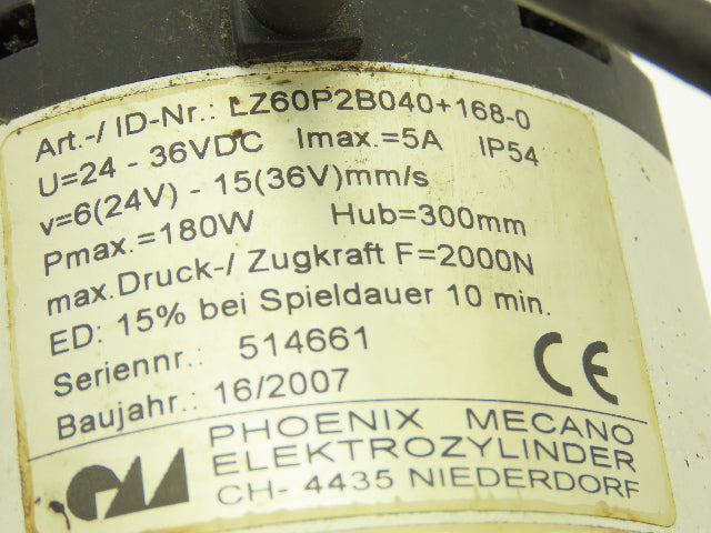 Phoenix Mecano LZ60P2B040+168-0 Electric Cylinder Actuator 300mm Stroke 24-36VDC