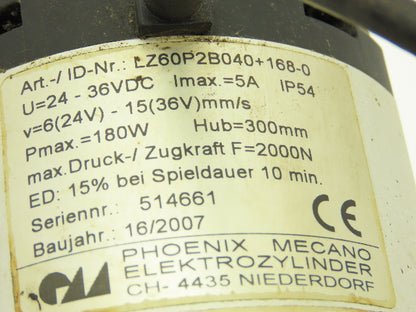 Phoenix Mecano LZ60P2B040+168-0 Electric Cylinder Actuator 300mm Stroke 24-36VDC