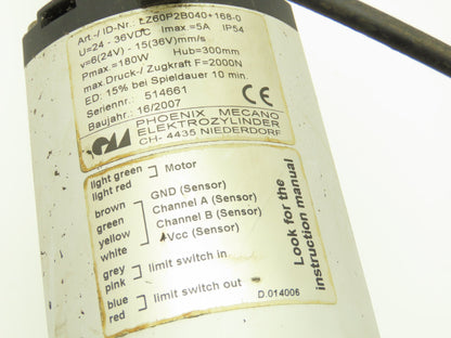 Phoenix Mecano LZ60P2B040+168-0 Electric Cylinder Actuator 300mm Stroke 24-36VDC