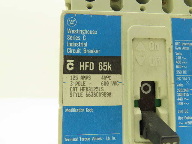 Westinghouse HFD3125LS HFD 65k Circuit Breaker 125A 3 Pole 600V