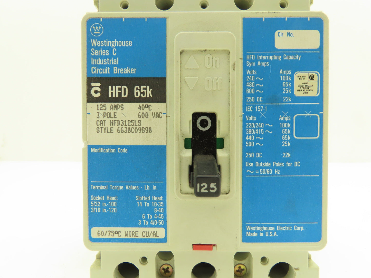 Westinghouse HFD3125LS HFD 65k Circuit Breaker 125A 3 Pole 600V