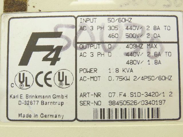 KEB 07.F4.S1D-3420 V1.2 Combivert AC Drive 3PH 1.8KVA 480V 1.8A