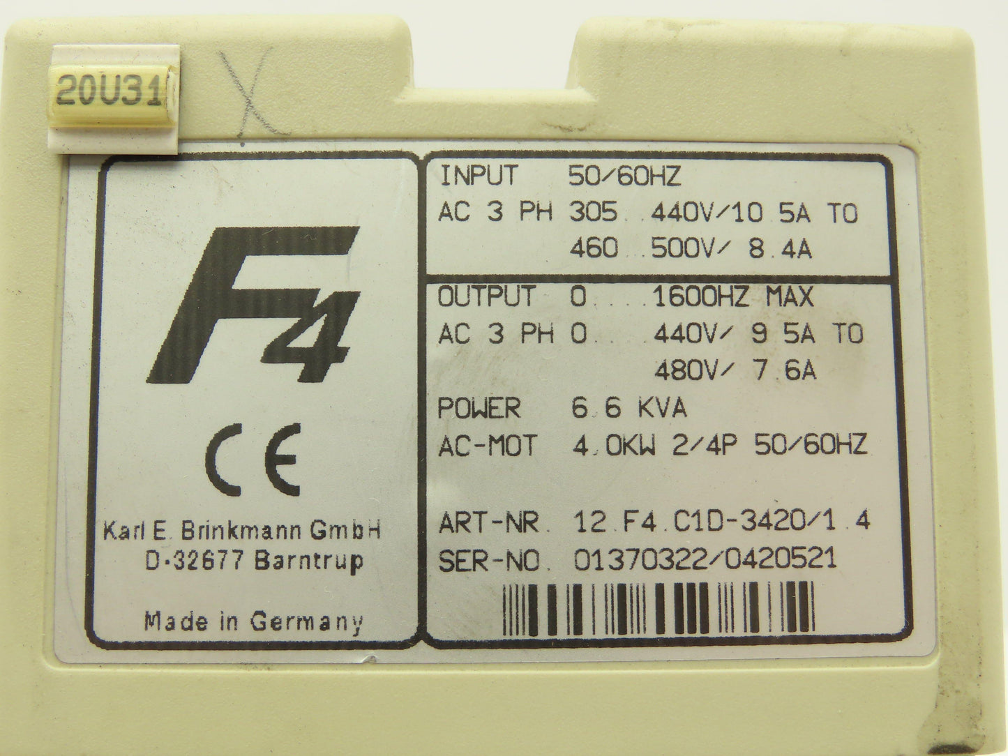 KEB 12.F4.C1D-3420/1.4 Combivert AC Drive 3PH 6.6KVA 480V 7.6A 4kW