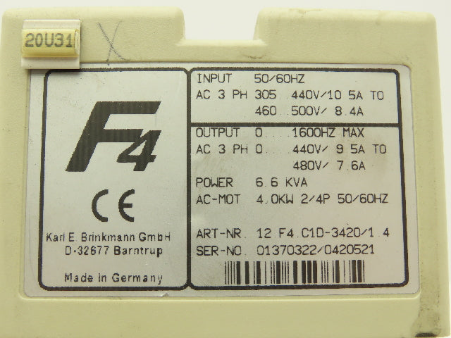 KEB 12.F4.C1D-3420/1.4 Combivert AC Drive 3PH 6.6KVA 480V 7.6A 4kW