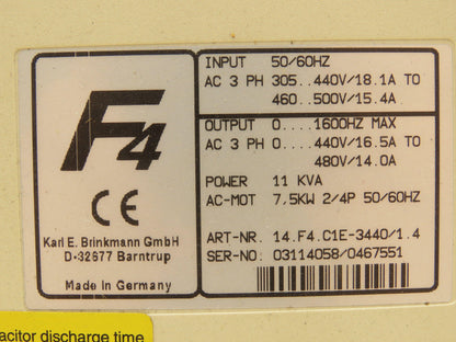 KEB 14.F4.C1E-3440 V1.4 Combivert VFD AC Drive 3Ph 480V In 7.5kW 480V 16.5A 1600Hz Out