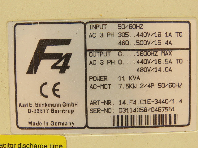 KEB 14.F4.C1E-3440 V1.4 Combivert VFD AC Drive 3Ph 480V In 7.5kW 480V 16.5A 1600Hz Out