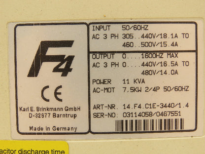 KEB 14.F4.C1E-3440 V1.4 Combivert VFD AC Drive 3Ph 480V In 7.5kW 480V 16.5A 1600Hz Out