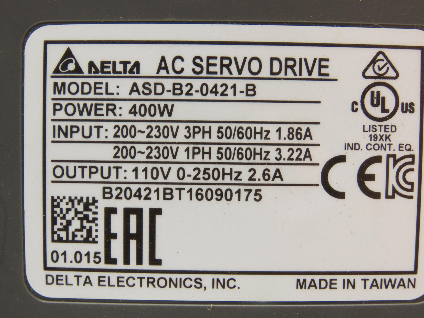 Delta ASD-B2-0421-B AC Servo Drive 400W 1PH/3PH 230VAC Input 110VAC 0-250Hz 2.6A