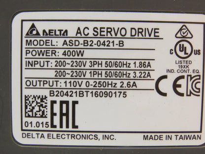 Delta ASD-B2-0421-B AC Servo Drive 400W 1PH/3PH 230VAC Input 110VAC 0-250Hz 2.6A