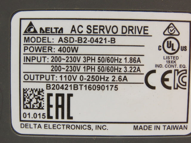Delta ASD-B2-0421-B AC Servo Drive 400W 1PH/3PH 230VAC Input 110VAC 0-250Hz 2.6A