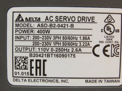 Delta ASD-B2-0421-B AC Servo Drive 400W 1PH/3PH 230VAC Input 110VAC 0-250Hz 2.6A