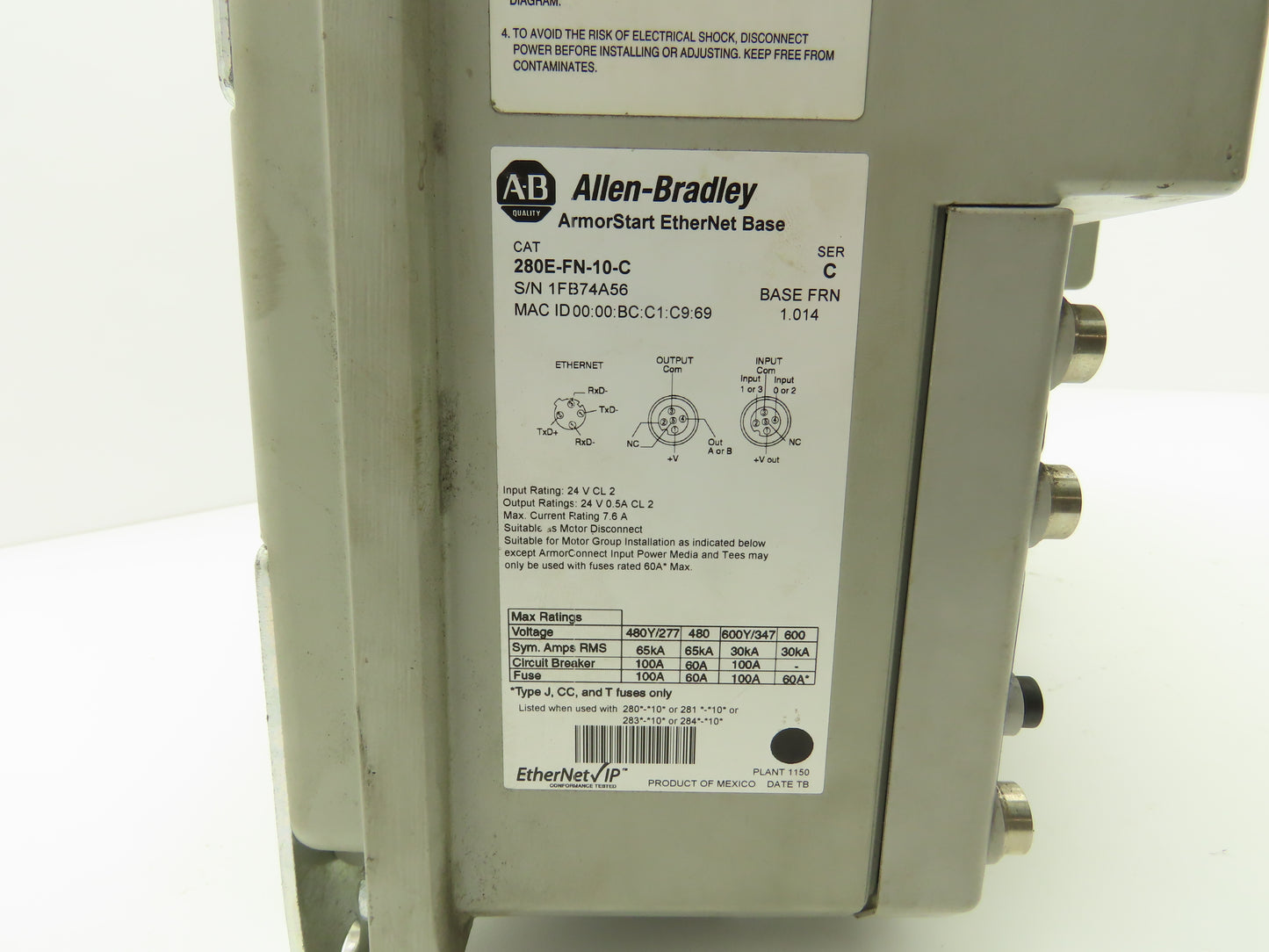 Allen Bradley 284E-FVD2P3Z-10-CR-3-EMI ArmorStart AC Drive 480V 1Hp VFD EtherNet