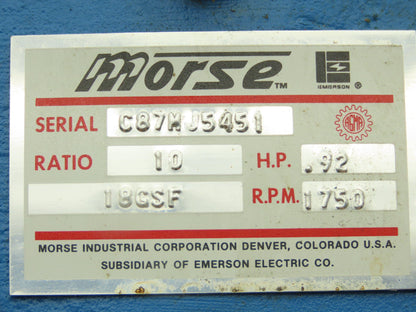 Morse 18GSF Gearbox 10:1 Reducer .92Hp 175 RPM Hollow Shaft 56C-Face