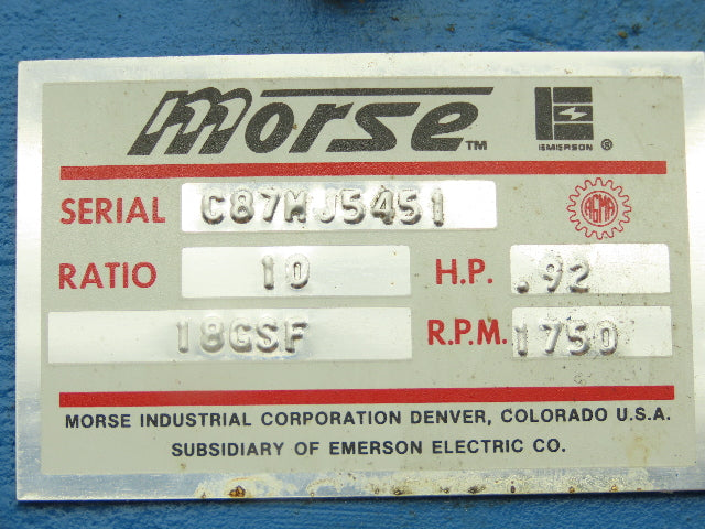 Morse 18GSF Gearbox 10:1 Reducer .92Hp 175 RPM Hollow Shaft 56C-Face