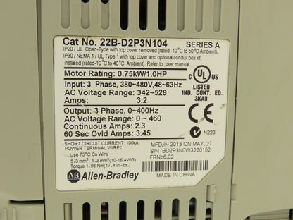 Allen Bradley 22B-D2P3N104 Powerflex 40 VFD AC Drive 0.75kw 1Hp 480V 3Ph