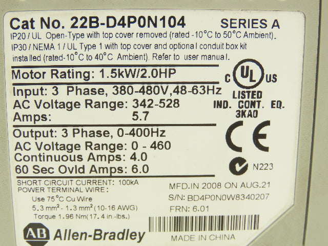 Allen Bradley 22B-D4P0N104 Powerflex 40 VFD AC Drive 1.5kw 2Hp 480V 3Ph