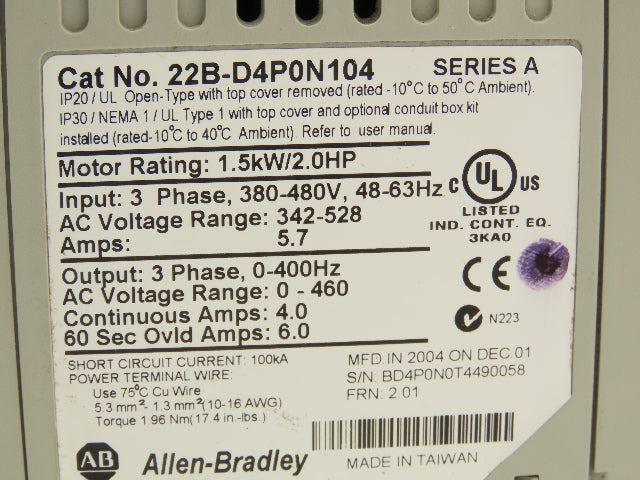 Allen Bradley 22B-D4P0N104 Powerflex 40 VFD AC Drive 1.5kw 2Hp 480V 3Ph