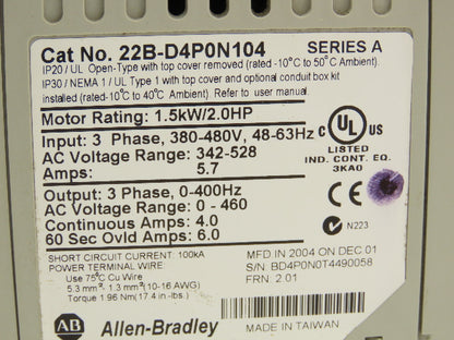 Allen Bradley 22B-D4P0N104 Powerflex 40 VFD AC Drive 1.5kw 2Hp 480V 3Ph