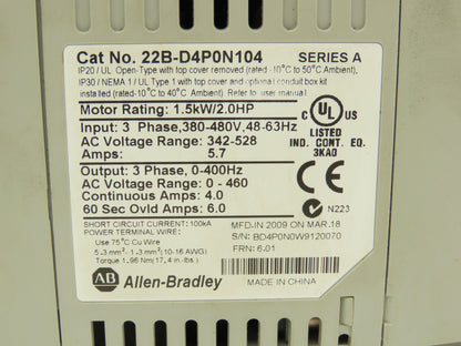 Allen Bradley 22B-D4P0N104 Powerflex 40 VFD AC Drive 22-COMM-E Module