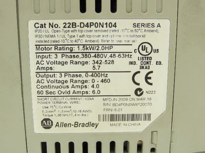 Allen Bradley 22B-D4P0N104 Powerflex 40 VFD AC Drive 22-COMM-E Module