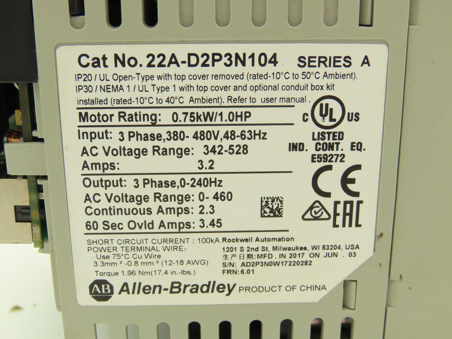 Allen Bradley 22A-D2P3N104 PowerFlex 4 VFD Variable Speed AC Drive 1Hp 460V 3PH