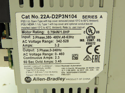 Allen Bradley 22A-D2P3N104 PowerFlex 4 VFD Variable Speed AC Drive 1Hp 460V 3PH