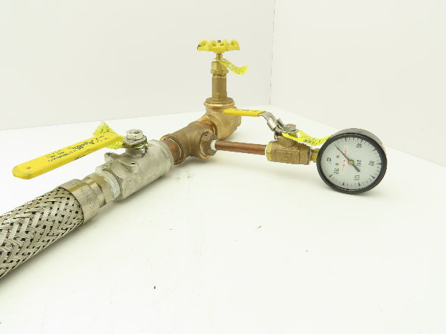 1"x 32" Stainless Braided Flex Hose 1"npt Globe Valve o2 Gauge Assembly