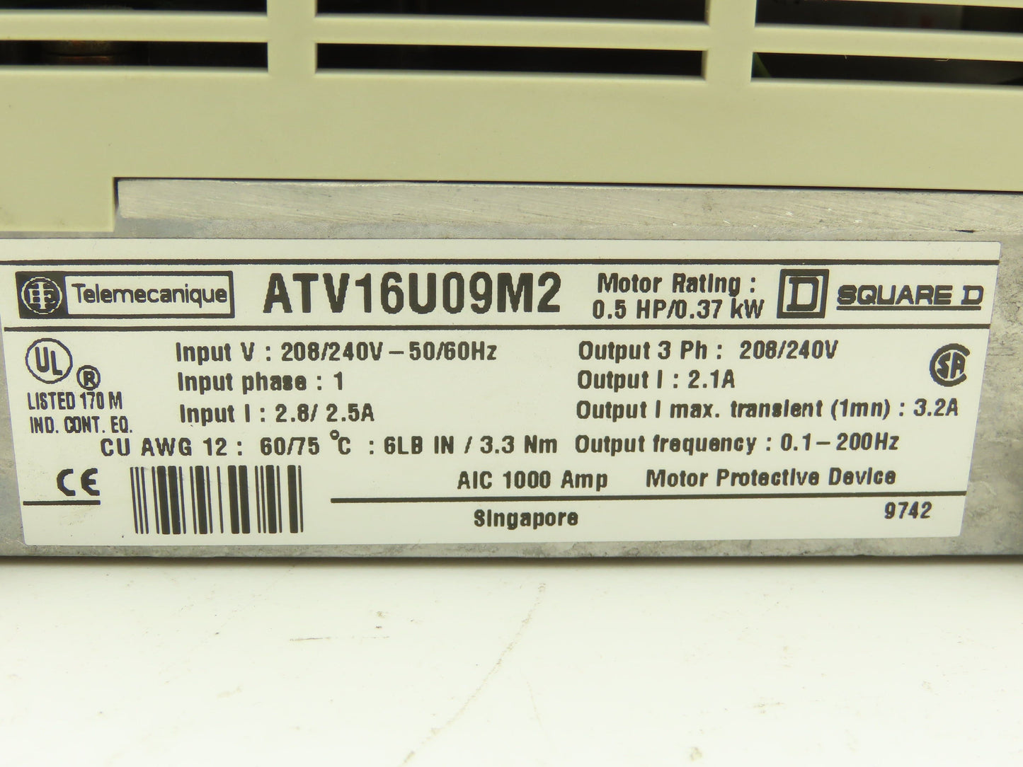 ATV16U09M2 Altivar 16 1PH In 3PH Out 0.5HP 208/240VAC 0.1-200Hz No Front Panel