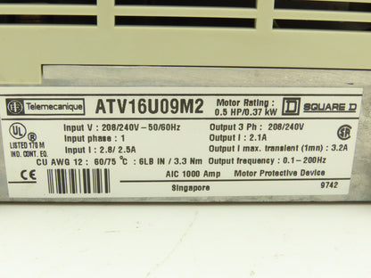 ATV16U09M2 Altivar 16 1PH In 3PH Out 0.5HP 208/240VAC 0.1-200Hz No Front Panel