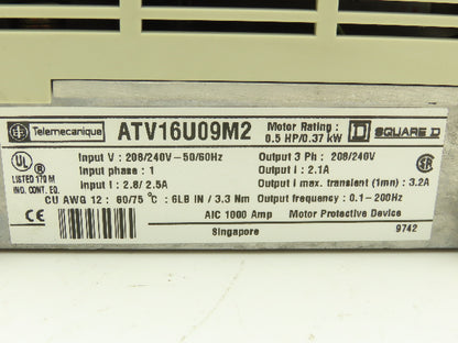 ATV16U09M2 Altivar 16 1PH In 3PH Out 0.5HP 208/240VAC 0.1-200Hz No Front Panel