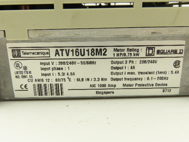 ATV16U18M2 Altivar 16 1PH In 3PH 4A Out 1HP 208/240VAC 0.1-200Hz