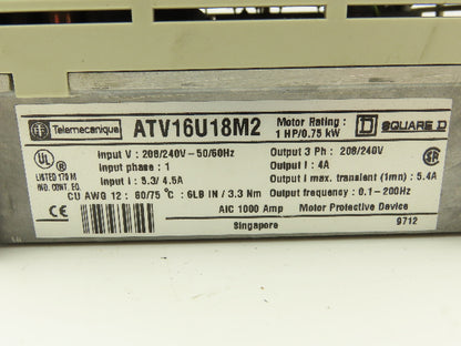 ATV16U18M2 Altivar 16 1PH In 3PH 4A Out 1HP 208/240VAC 0.1-200Hz