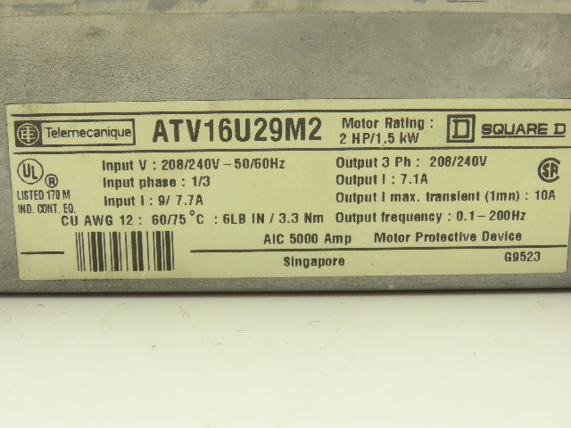 ATV16U29M2 Altivar 16 VFD 1/3PH In 3PH 7.1A Out 2HP 208/240VAC 0.1-200Hz