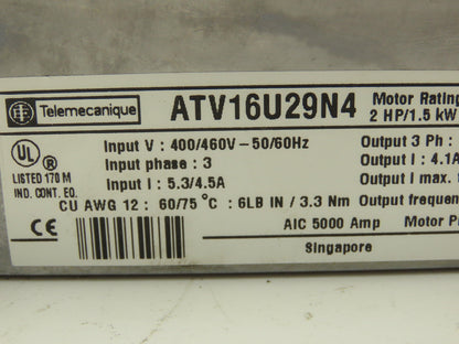 ATV16U29N4 Altivar 16 VFD 1/3PH In 3PH 7.1A Out 2HP 208/240VAC 0.1-200Hz *COVER*