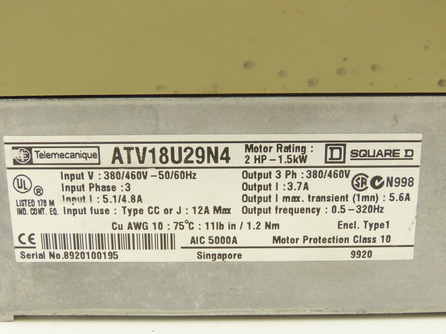 ATV18U29N4 Altivar 16 VFD 3PH In 3PH 3.7A Out 2HP 380/460VAC 0.5-320Hz Lot of 2