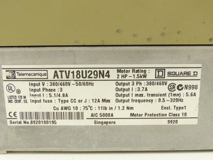 ATV18U29N4 Altivar 16 VFD 3PH In 3PH 3.7A Out 2HP 380/460VAC 0.5-320Hz Lot of 2
