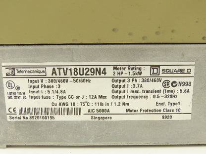 ATV18U29N4 Altivar 16 VFD 3PH In 3PH 3.7A Out 2HP 380/460VAC 0.5-320Hz Lot of 2