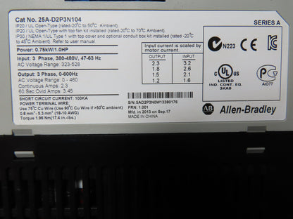 Allen Bradley 25A-D2P3N104 PowerFlex 523 VFD 3PH 480VAC 0-600Hz 2.3A 1HP