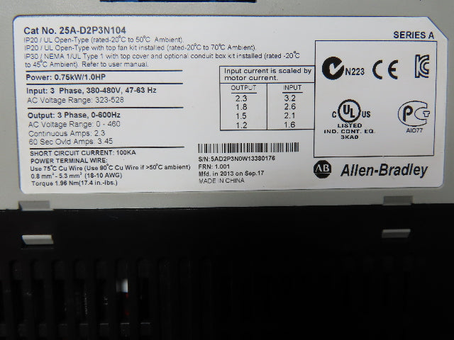 Allen Bradley 25A-D2P3N104 PowerFlex 523 VFD 3PH 480VAC 0-600Hz 2.3A 1HP