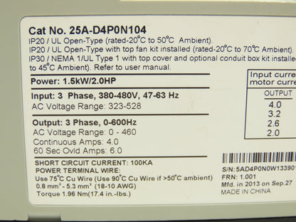 Allen Bradley 25A-D4P0N104 PowerFlex 523 VFD 3PH 480VAC 0-600Hz 4A 2HP