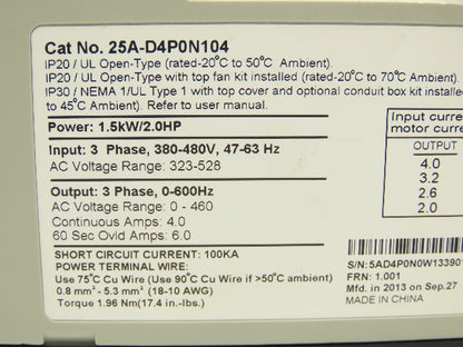Allen Bradley 25A-D4P0N104 PowerFlex 523 VFD 3PH 480VAC 0-600Hz 4A 2HP