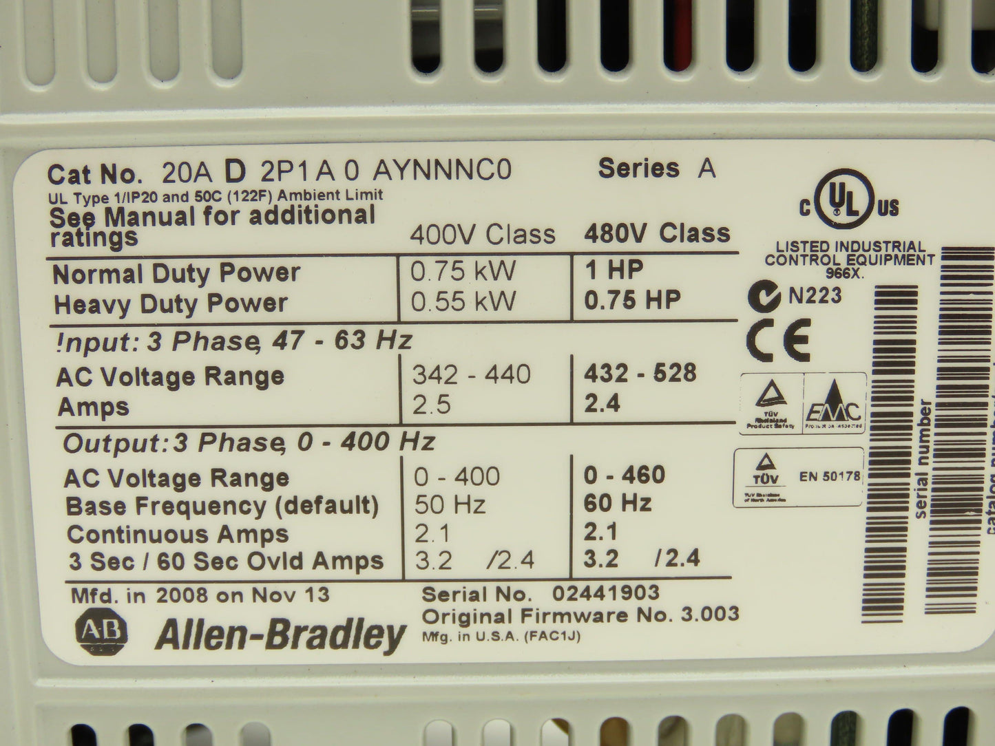 Allen Bradley 20AD2P1A0AYNNNC0 PowerFlex 70 Variable AC Drive VFD 1Hp 480V 3PH