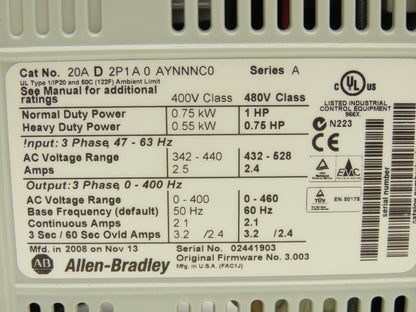 Allen Bradley 20AD2P1A0AYNNNC0 PowerFlex 70 Variable AC Drive VFD 1Hp 480V 3PH