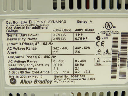 Allen Bradley 20AD2P1A0AYNNNC0 PowerFlex 70 Variable AC Drive VFD 1Hp 480V 3PH