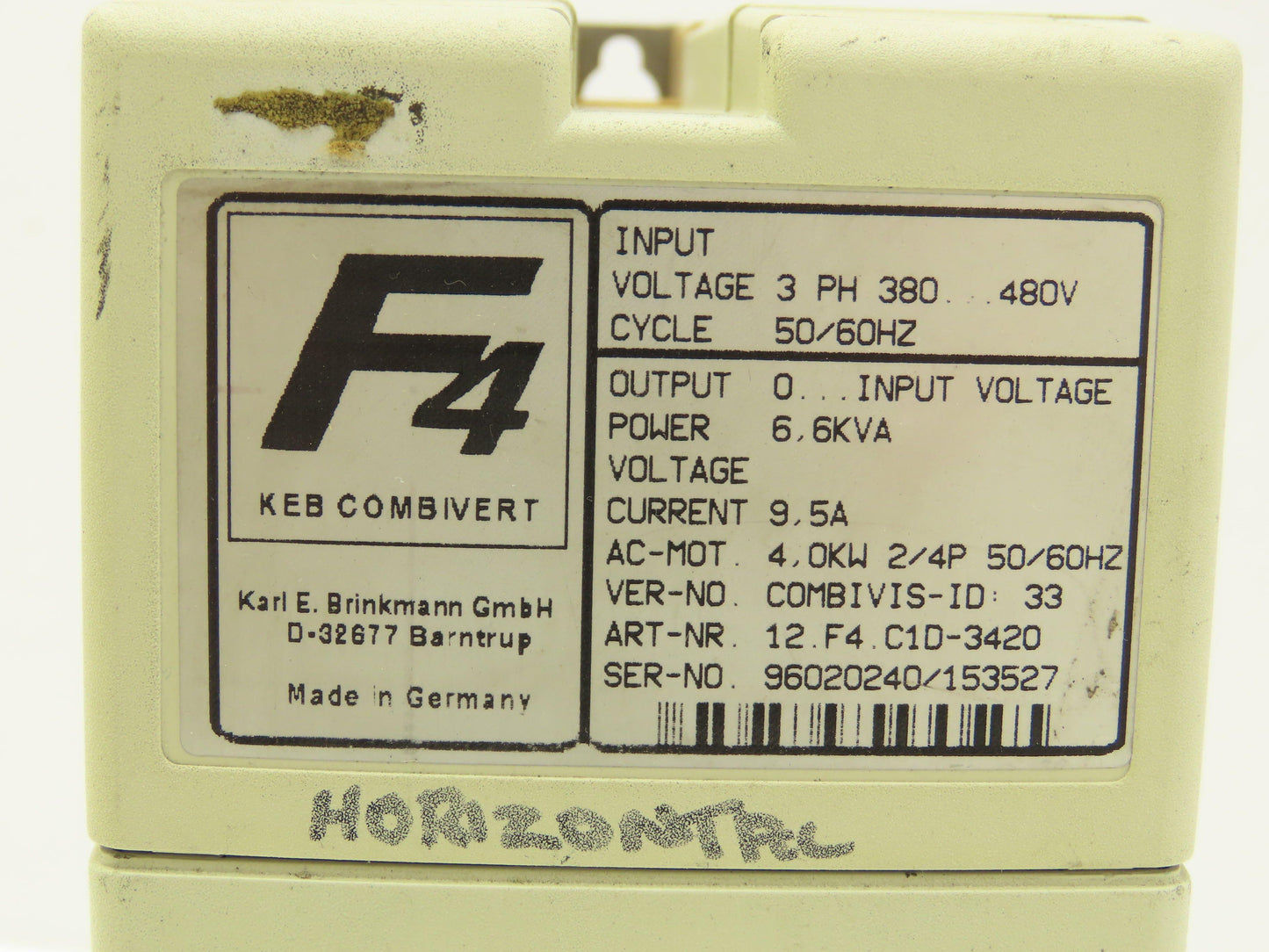 KEB 12.F4.C1D-3420 Combivert AC Drive 3PH 6.6KVA 480V 9.5A 4kW