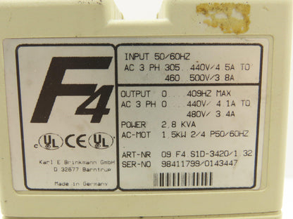 KEB 09.F4.S1D-3420 V1.32 Combivert AC Inverter Drive 3PH 2.8KVA 480V 3.4A