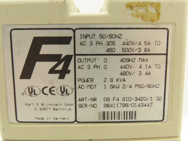 KEB 09.F4.S1D-3420 V1.32 Combivert AC Inverter Drive 3PH 2.8KVA 480V 3.4A