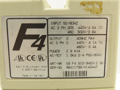 KEB 09.F4.S1D-3420 V1.32 Combivert AC Inverter Drive 3PH 2.8KVA 480V 3.4A