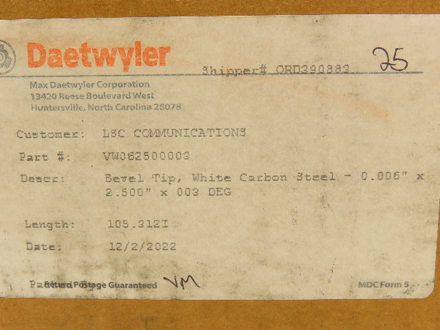 Daetwyler MDC Doctor Blade .006" x 2.5"W x 105.312"L Carbon Steel Bevel Tip