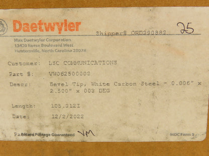 Daetwyler MDC Doctor Blade .006" x 2.5"W x 105.312"L Carbon Steel Bevel Tip